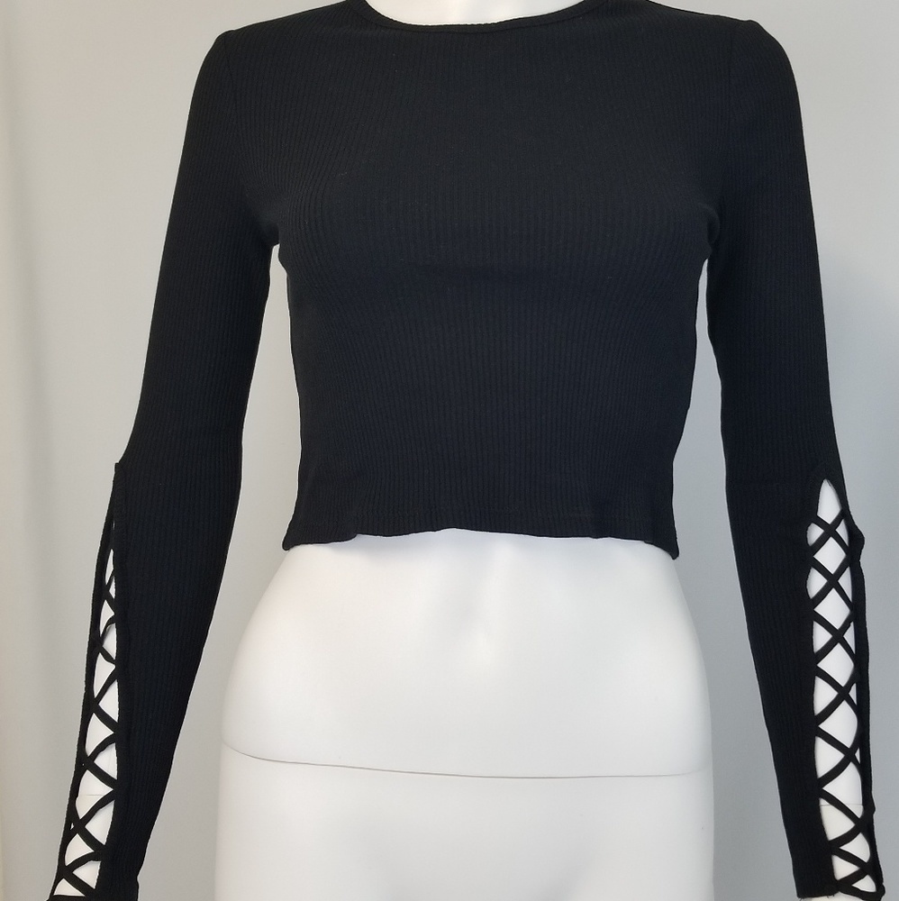 Topshop Lattice Sleeve Ribbed Top NWOT